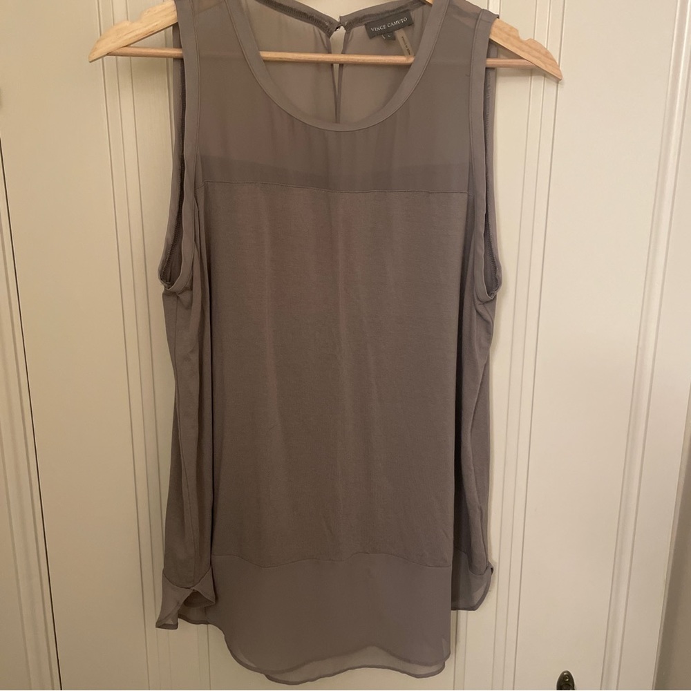 Sleeveless multi-media Top with sheer paneling and button closure detail